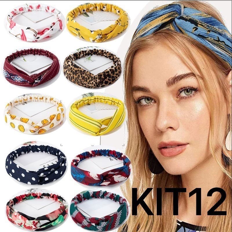 KIT12 Faixa De Cabelo Elatica Feminina Com Estampa Boêmia Vintage Tiara/Turbante/Bandana/
