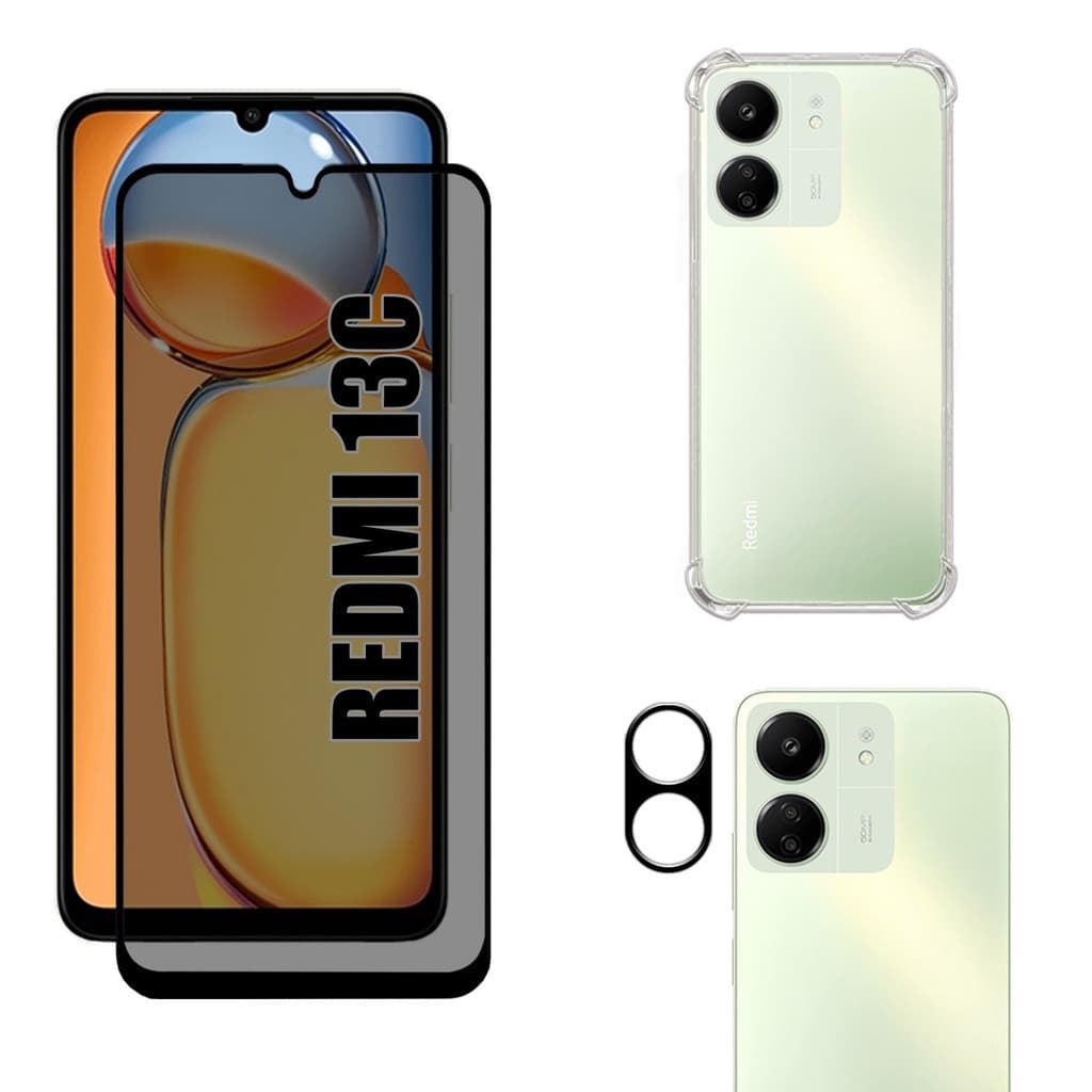 Kit Para Redmi 13C | Película de Privacidade 3D - Capa Anti Shock - Película da Câmera 3D