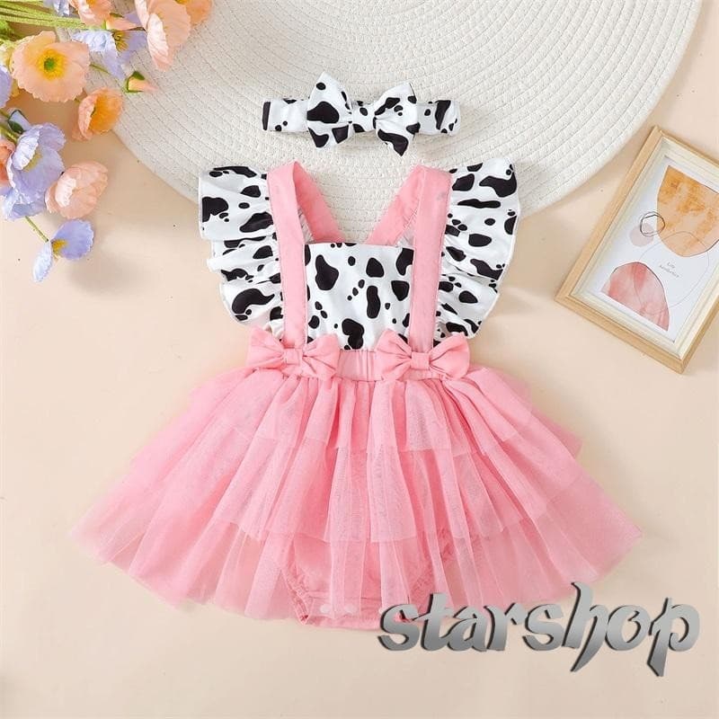 Starshop-Baby Girls Summer Romper Vestido De Verão Manga Voadora Vaca Impressão Tulle Patchwork Com Fita De Cabeça
