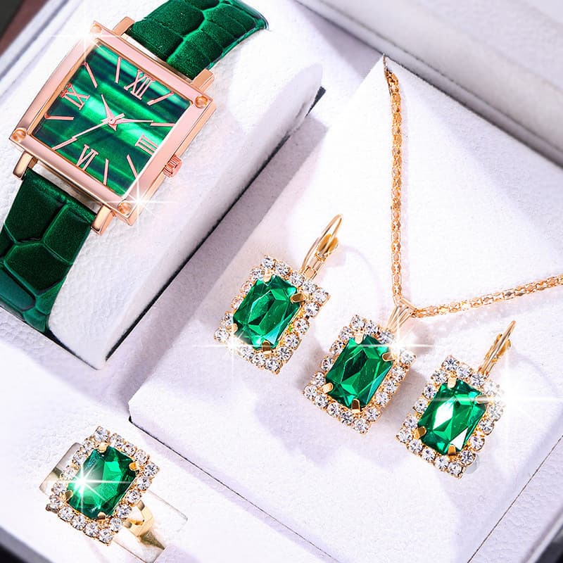Conjunto De Jóias De Relógio Verde Elegante 5Pcs Para Mulheres