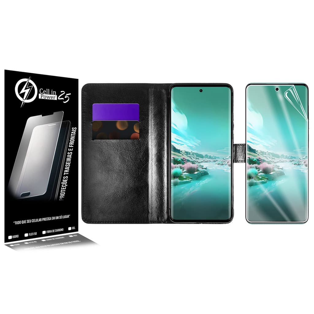 Capa Carteira Couro Sintético Preto + Película De Hydrogel HD Para Moto Edge 40 Neo 5g Xt2307 6.55  - Cell In Power25