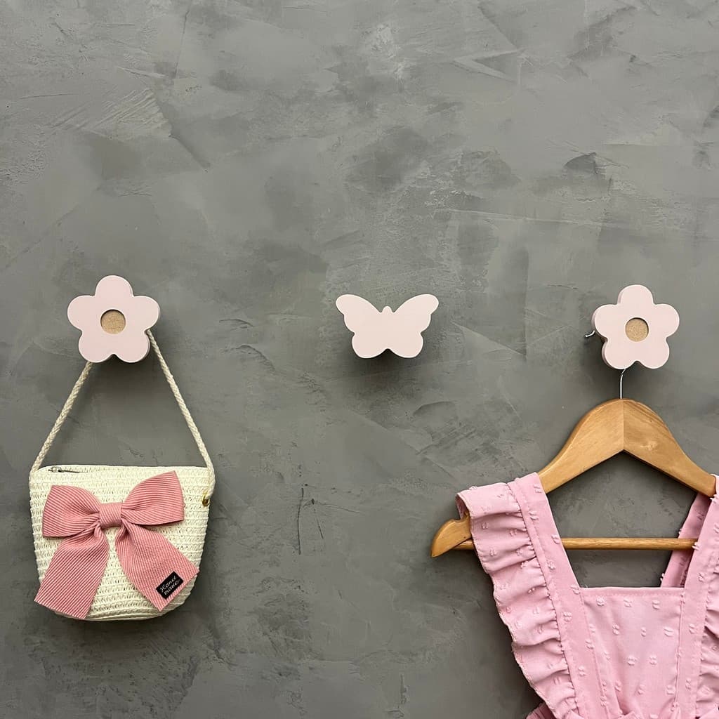 3 Ganchos parede infantil menina flor borboleta rosa adnet