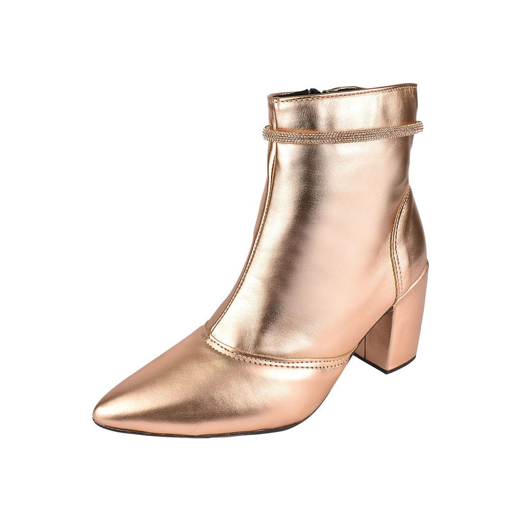 Bota Cano Curto Rosa Chic Calçados Bico Fino Salto Alto Zíper Brilho Strass Feminino Cobre