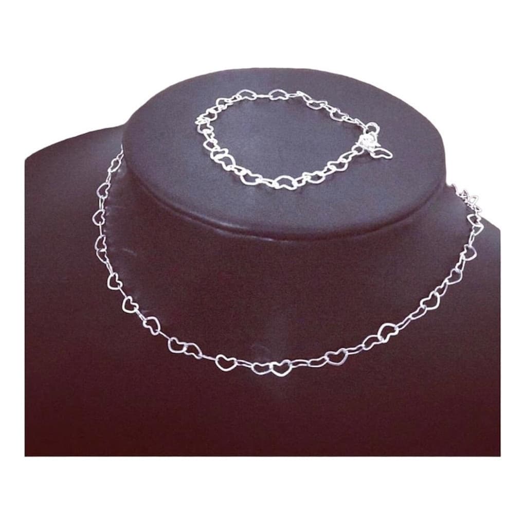 Corrente Pulseira Kit Coração Colar Folheado Prata Conjunto