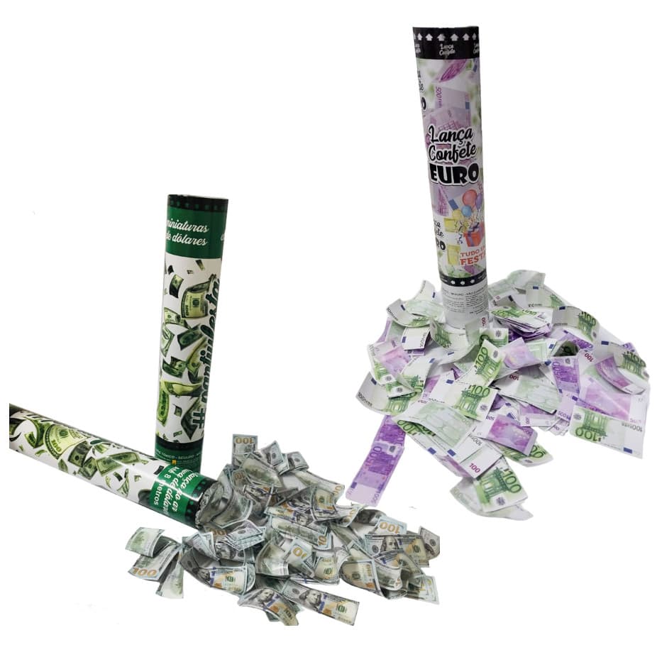 Kit 2 Lança confete DÓLAR E EURO Chuva de Dinheiro 30Cm Festa Carnaval