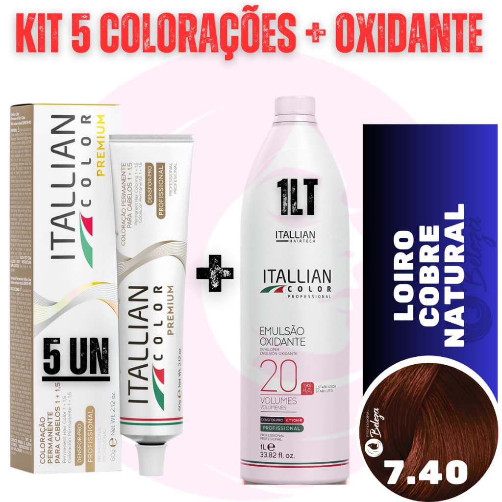Kit 5 Tinta + Ox 20v Louro Cobre Natural 7.40 Coloração