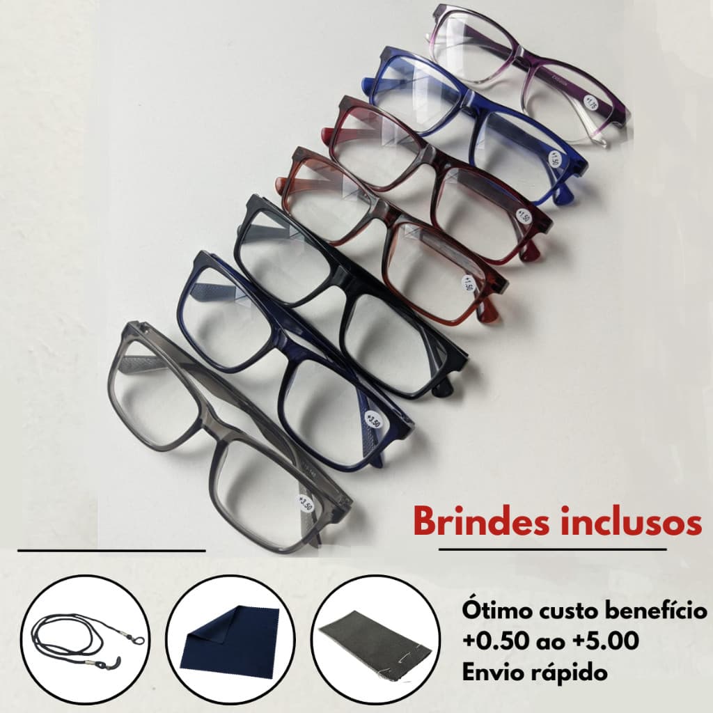Óculos Para Leitura / Descanso / Unissex + Cordão Capinha e Flanela -  0.50 até 5.00 - Escolha a Cor