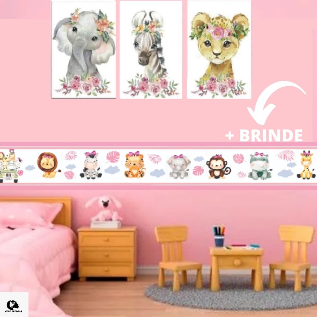 Placa Quadro Decorativo Infantil 20x30 Bebe Menina Safari 3 Peças