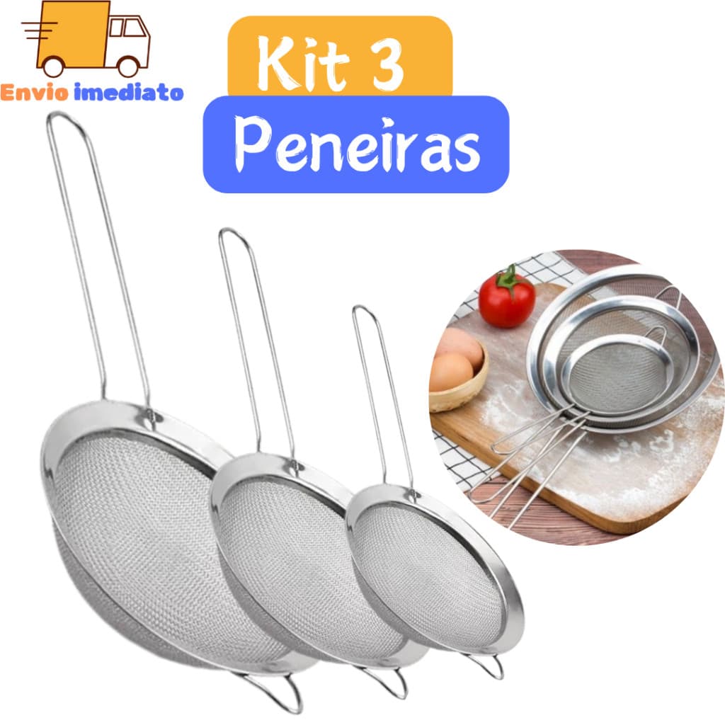 Kit 3 Peneira Coador de Suco em Aço Inox Multifuncional  Para Farinhas Alimentos Frutas uso Cozinha