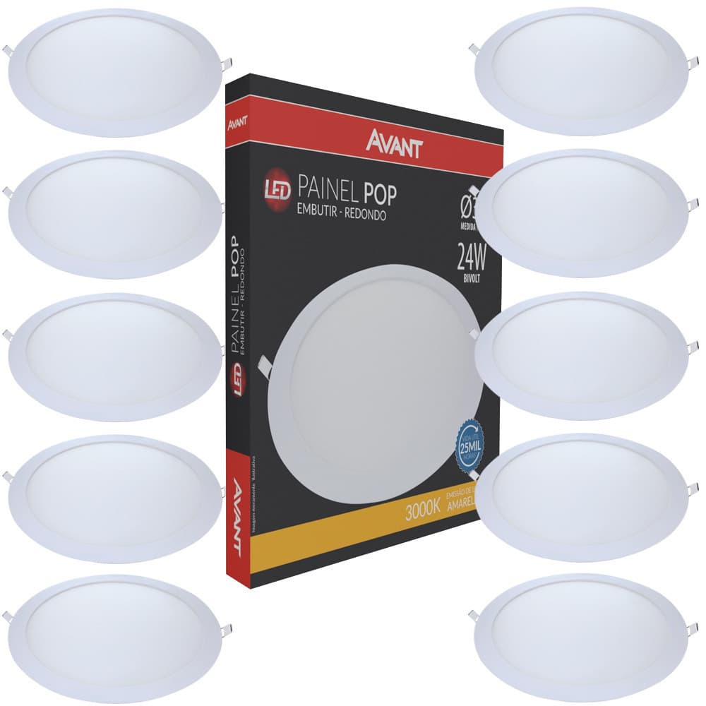 10 Painel Led 24w Redondo Embutir Luz Amarela 3000K Bivolt Avant