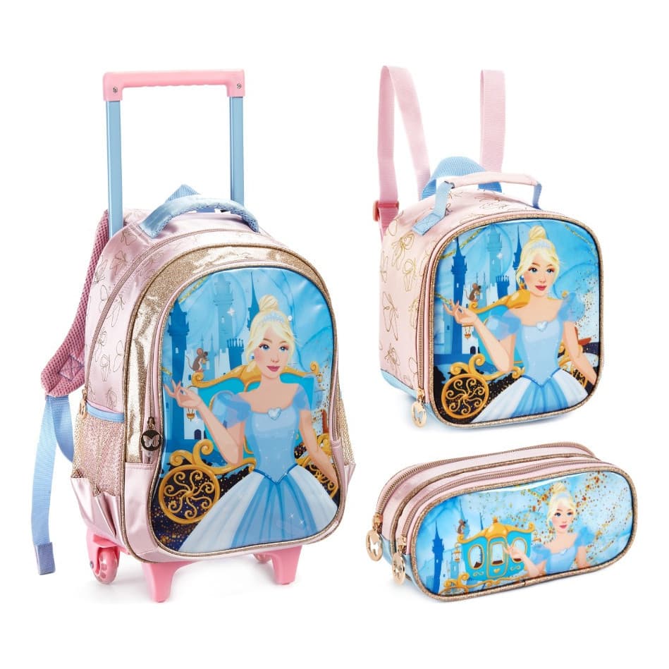 Kit Mochila Rodinha Lancheira Estojo Infantil Escolar Menina Princesa Cinderela Denlex