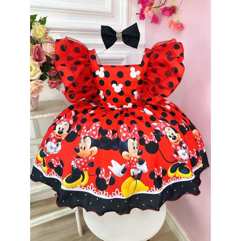 Vestido Infantil Temático da Minnie Vermelha C/ Laço Festas e Aniversários Luxo