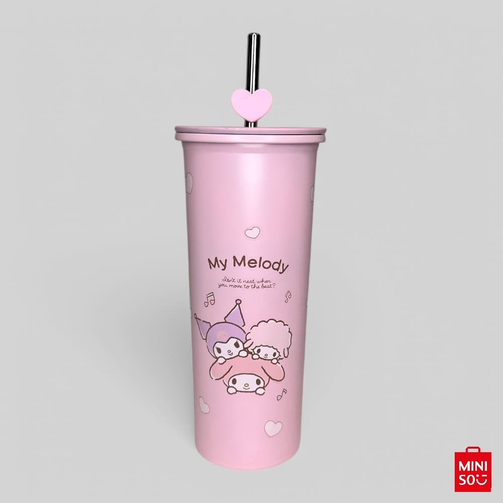 Copo Térmico Sanrio My Melody 800ml Miniso – Inox com Tampa Hermética e Canudo Reutilizável