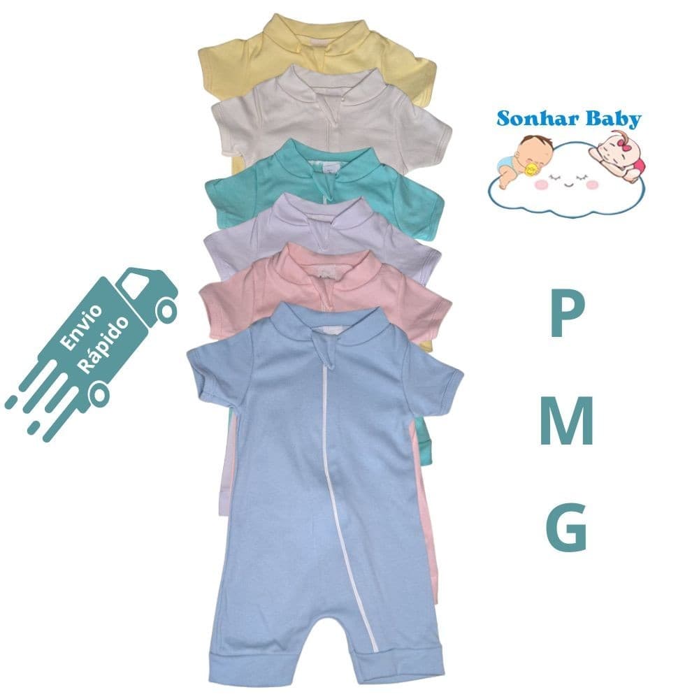 Kit 3 Macacão Bebê Curto Liso com Ziper Menina/Menino Verão