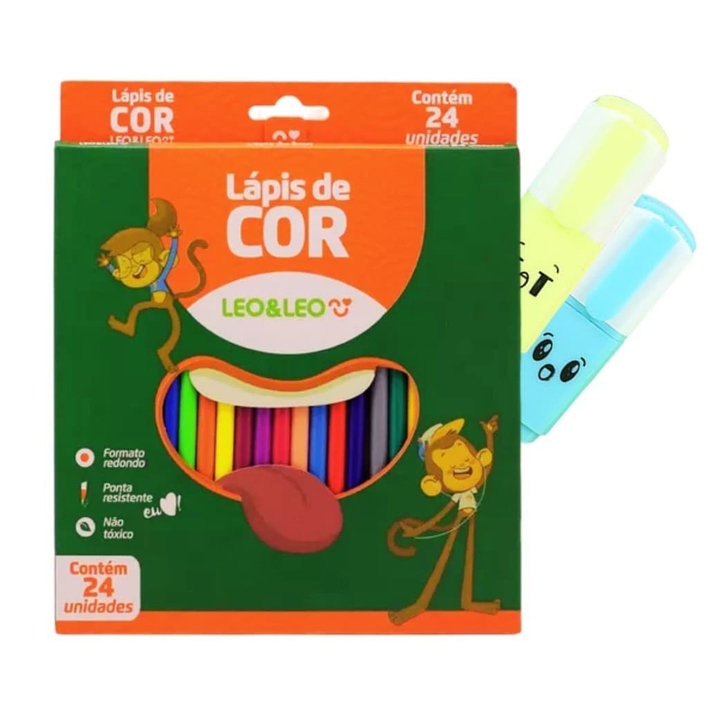 Lápis de Cor 24 Unidades - Leo & Leo Redondo Kit com 2 Mini Marca Textos