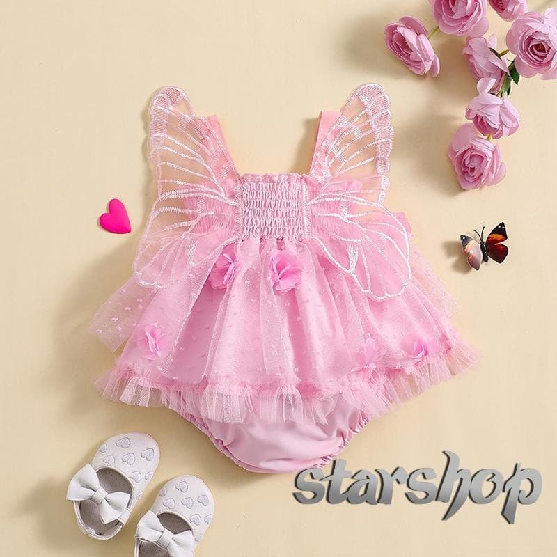 Starshop-Baby Girls Romper Vestido Sem Mangas Com Flor Plissada Butterfly Tulle Patchwork Roupa De Verão