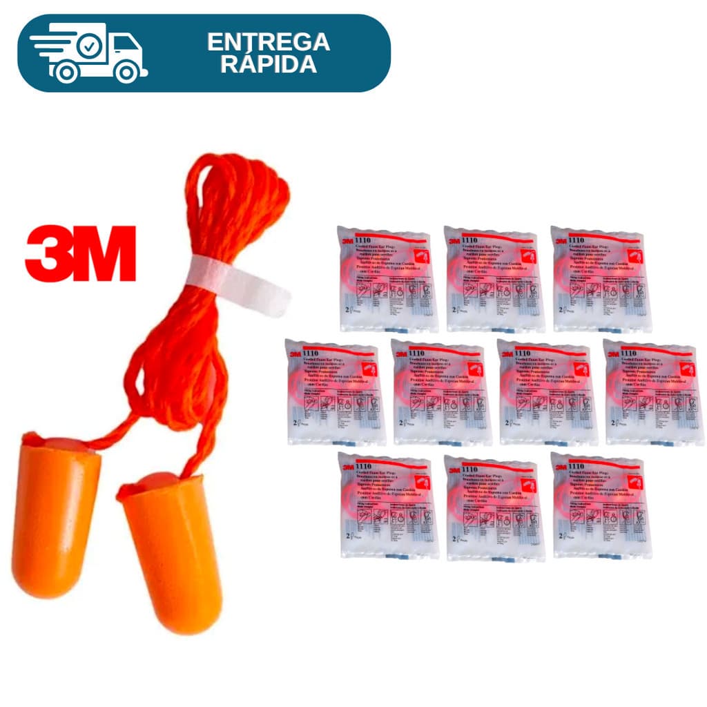 Kit 20 Protetor Auricular Plug De Espuma 3M 1110 Com Cordão Abafador Tampão Ouvido Para Dormir