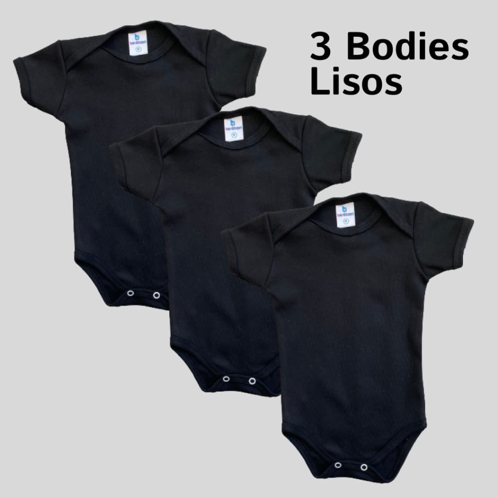 Kit com 3 Bodies Infantil Bebê Preto Dia a Dia 100% Algodão
