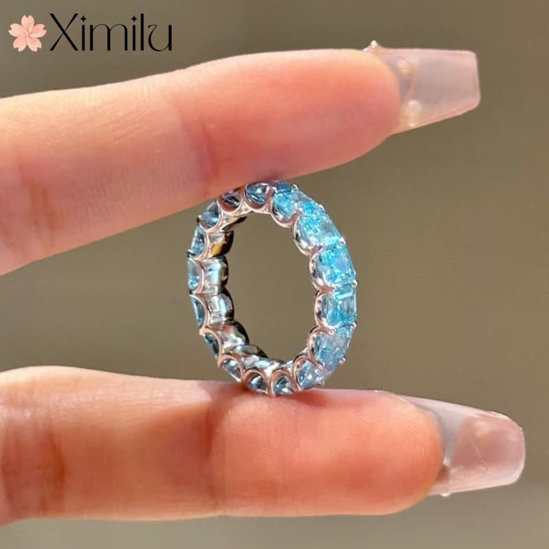 ⭐ Original luxo azul cheio de diamante topázio azul linha anel feminino confissão galáxia princesa safira anel jóias