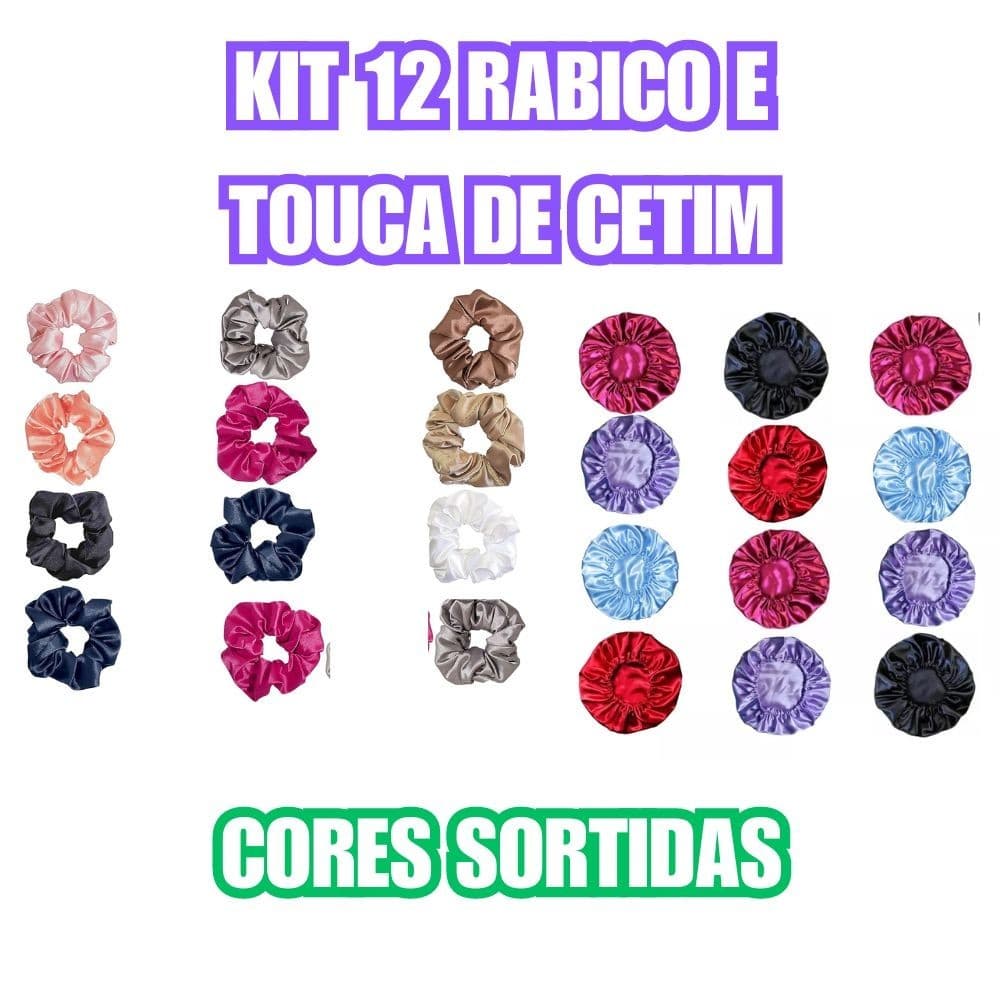 Kit 12 Rabico e 12 Toucas de Cetim - Cores Sortidas