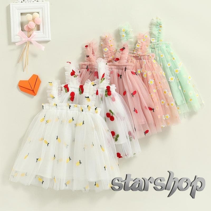 Starshop-Toddler Kids Girls Princess Dress Daisy/Fruit Bordado Sem Mangas Vestido De Verão Casual Mesh Tulle Fluffy