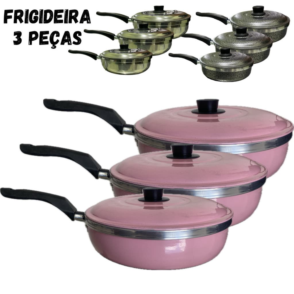 Conjunto De Frigideiras Jogo 3 Peças Com Tampa N 20 22 24 Francesa Cor Rosa Craquelado Polida