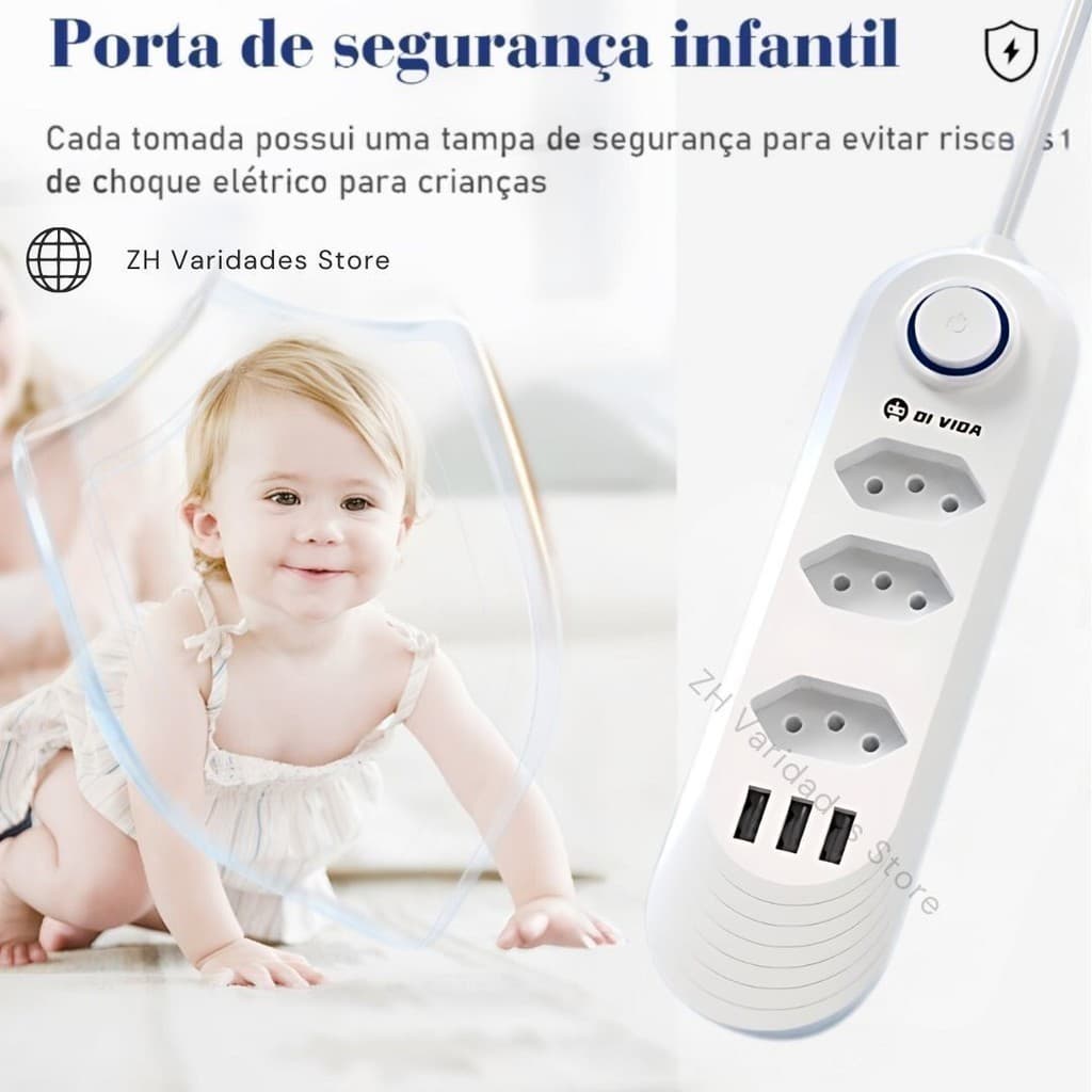 Filtro De Linha Extensão Régua 3 Tomadas 3 Usb Bivolt  2 metros
