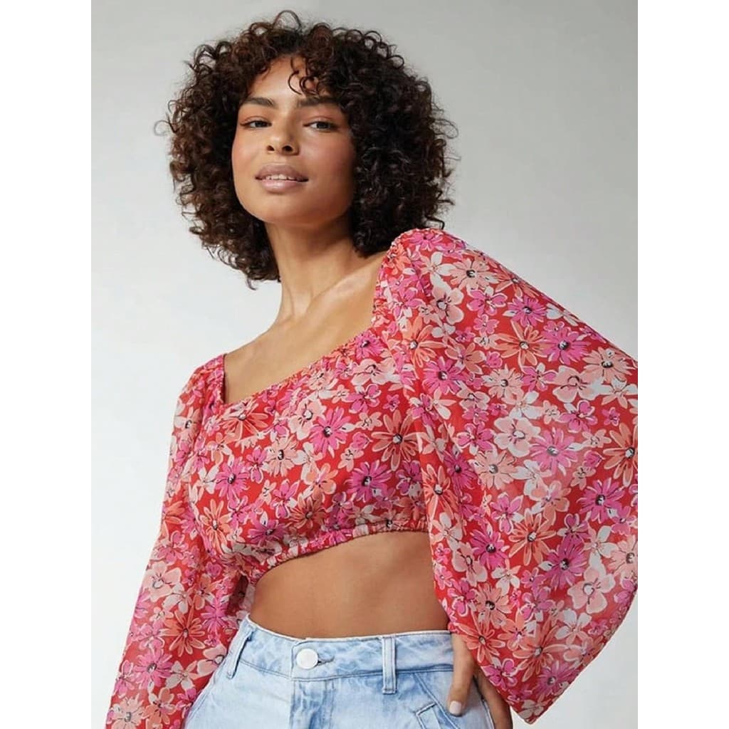 Blusa Cropped Floral Feminina Vermelho - ENFIM- MALWEE