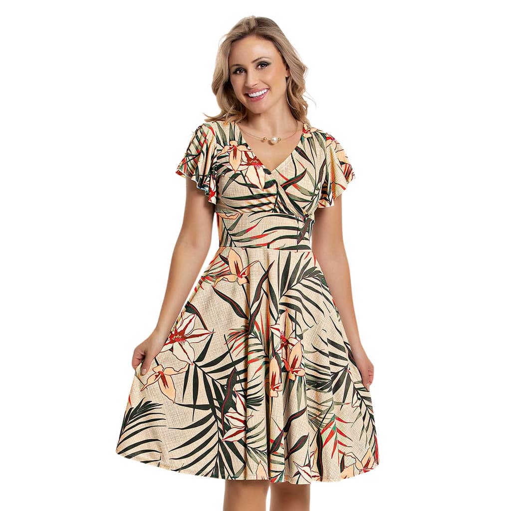 Vestido Midi Feminino Moda Clássica Gola V Saia com Babado