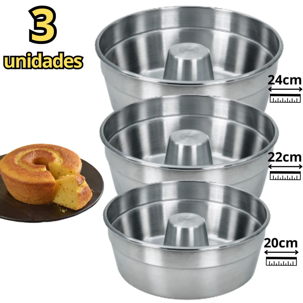 KIT - 3 Formas para Bolo com furo,20, 22 e 24cm Torta Suíça Pudim bolo