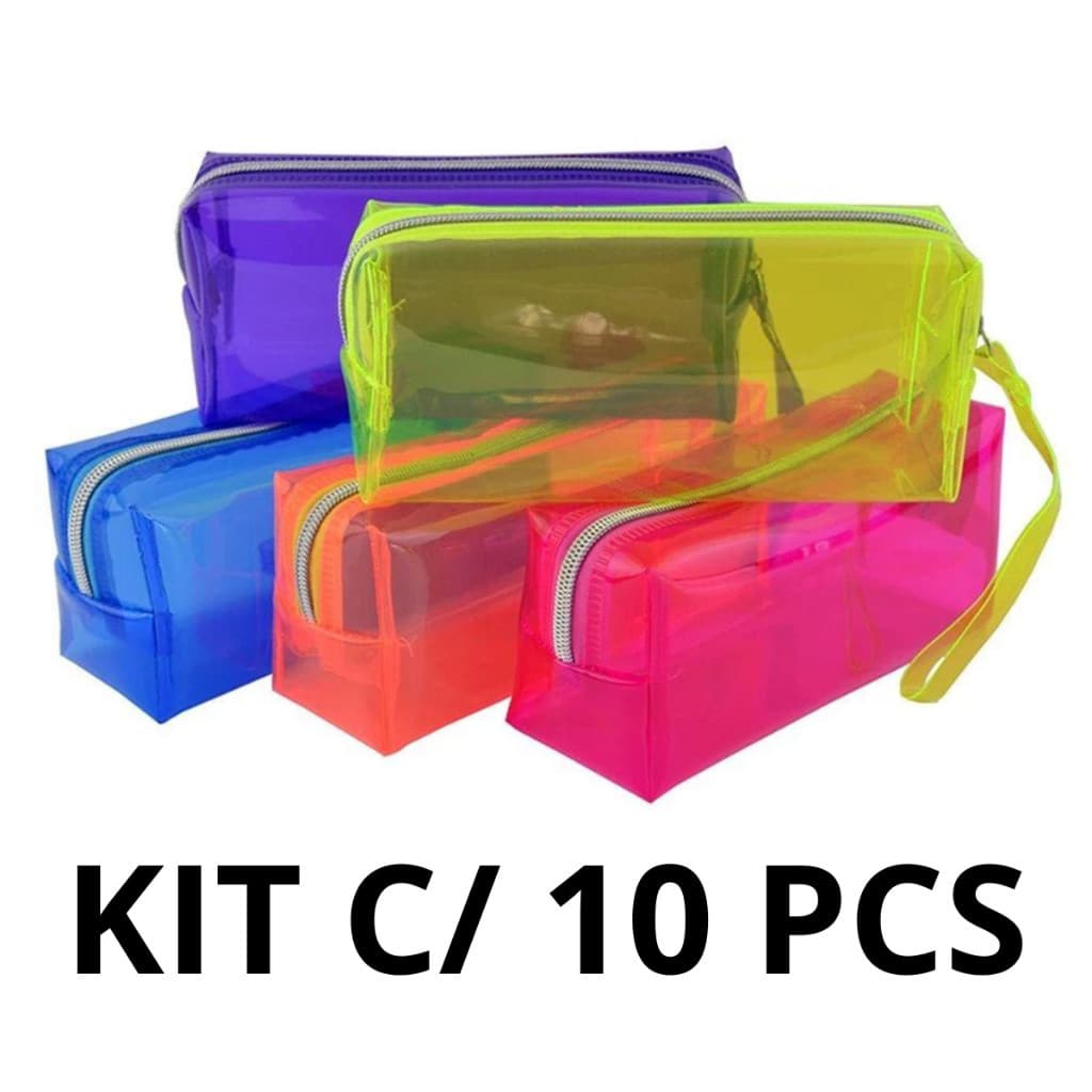 Kit 10 Unidades Estojo Escolar Baú Neon PVC Transparente Grande