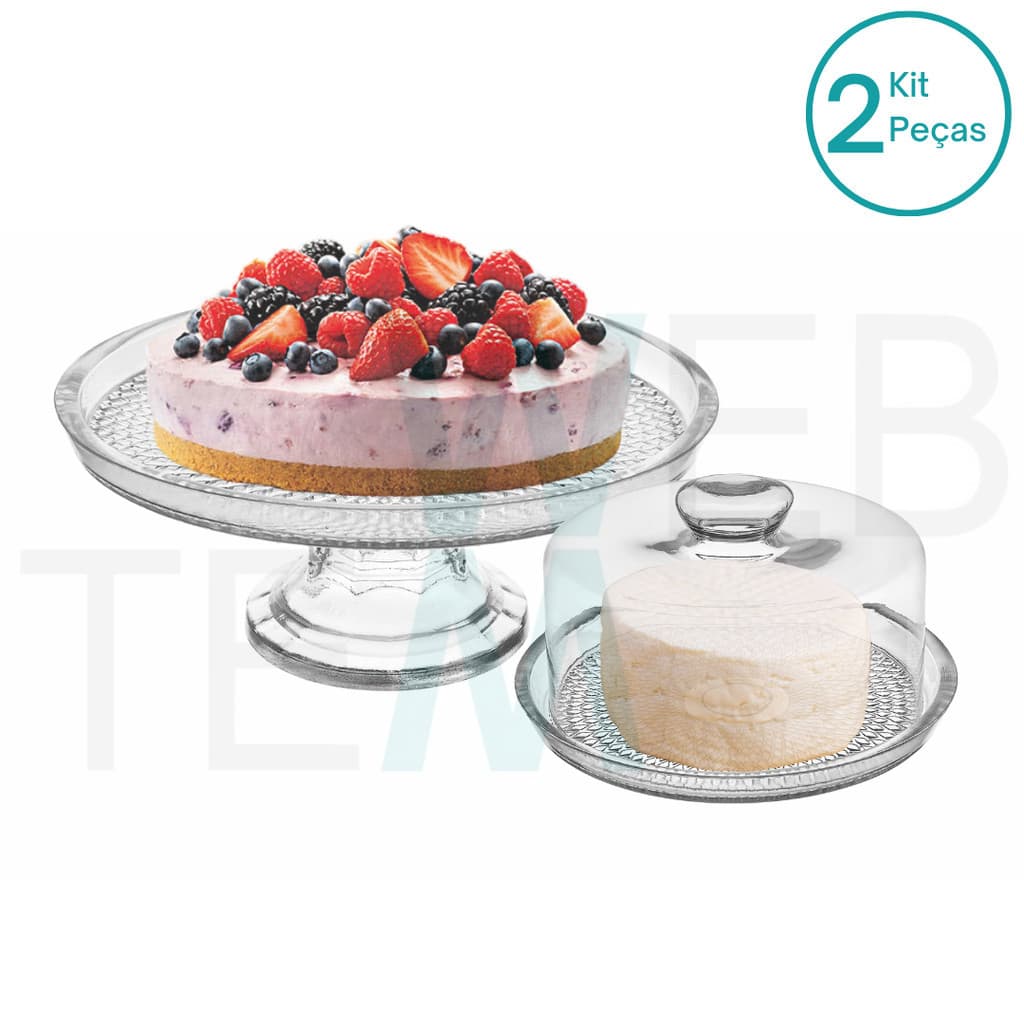 Conjunto Suporte para Bolo e Doces com Pé Prato 28cm e Queijeira Porta Queijos de Vidro Vitazza para Mesa Posta, Praticidade e Estilo Sustentável na Organização e Decoração