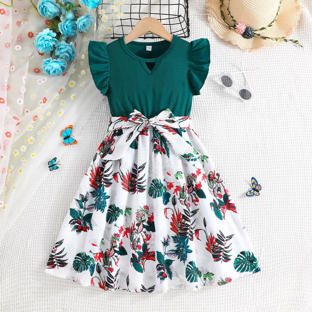 Vestido Infantil Meninas 6 7 8 9 10 Anos Manga Curta Hawaiiana c Cinto Decorativo Verde