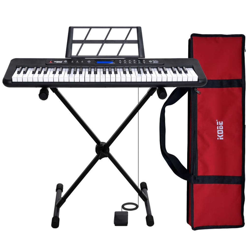 Kit Teclado Musical Kobe KB-300 5/8 61 Teclas com Sensibilidade com Pedal Sustain, Capa e Suporte