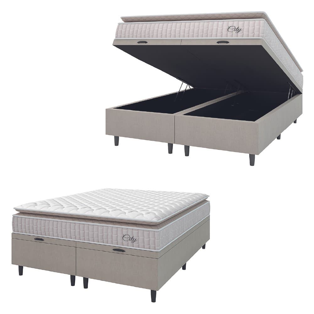 Cama Box Colchão Baú Casal Queen Molas Ensacadas City Pillow Top 158x198x64cm Branco / Bege Hellen