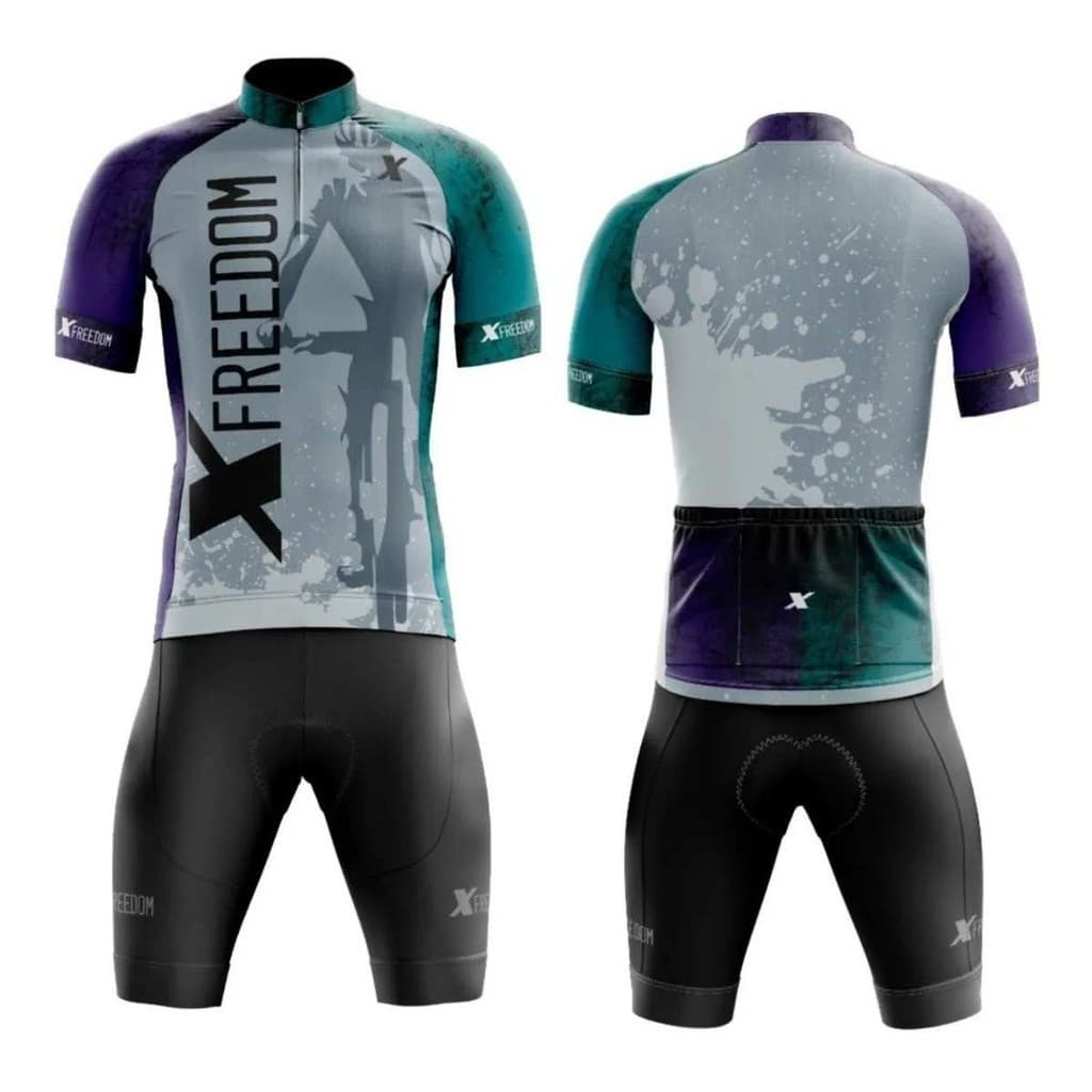 Conjunto de Ciclismo Camisa XFreedom Azul e Roxo C/ Proteção UV e Bermuda C/ Forro Interno