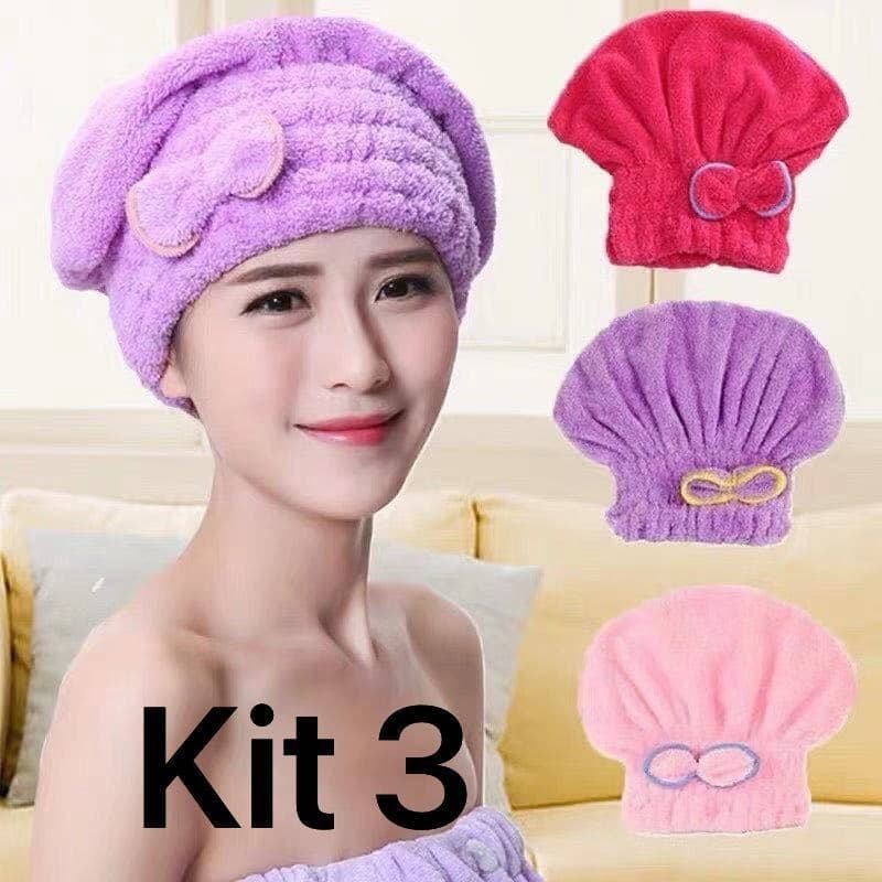 KIT 3 Turbante Touca De Cabelo De Microfibra Rapidamente Touca De Banho Com Laço De Borboleta PRONTA ENTREGA E ENVIO EM CORES SORTIDAS