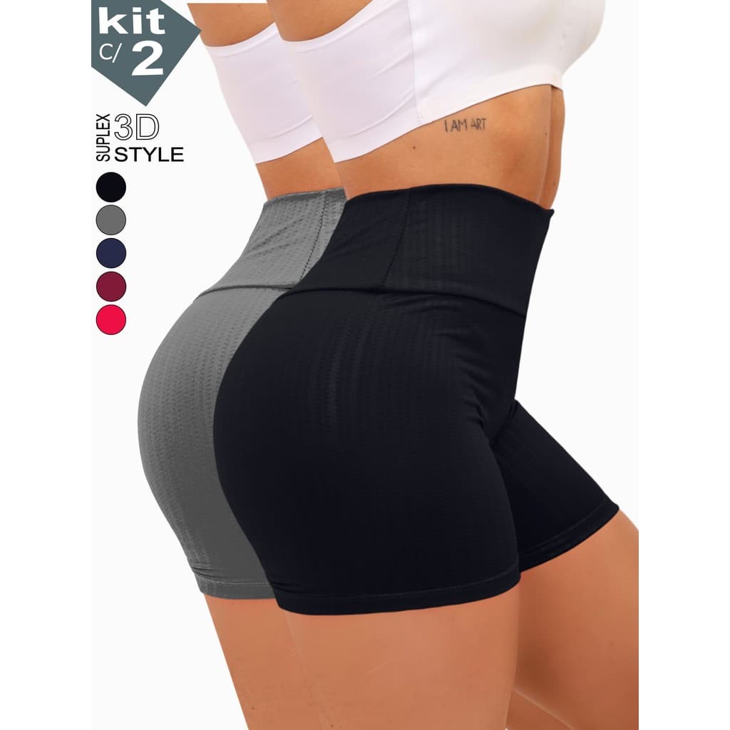 Kit c/2 Short Legging Fitness Academia Cintura Alta 3D Sports Feminino Academia Treino Yoga Dia Dia