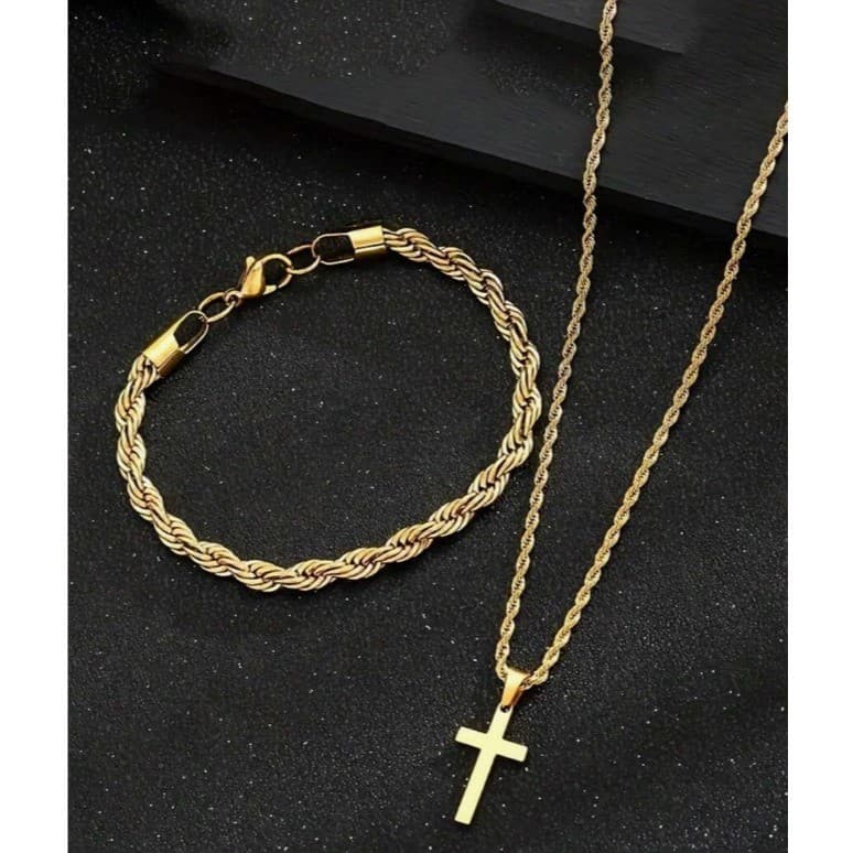 Conjunto Masculino Cordao 60 cm Barato 4 mm Baiano E Pulseira Aco Inox