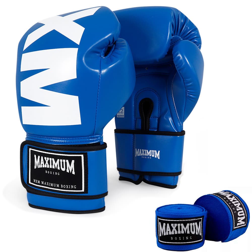 Luva MXM Muay Thai Boxe Maximum Azul + Par De Bandagem Azul 5m