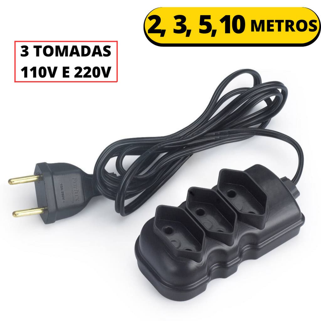 Extensão elétrica Extensão de Energia 3 Tomadas com 2 metros 3 metros 5 metros 10 metros