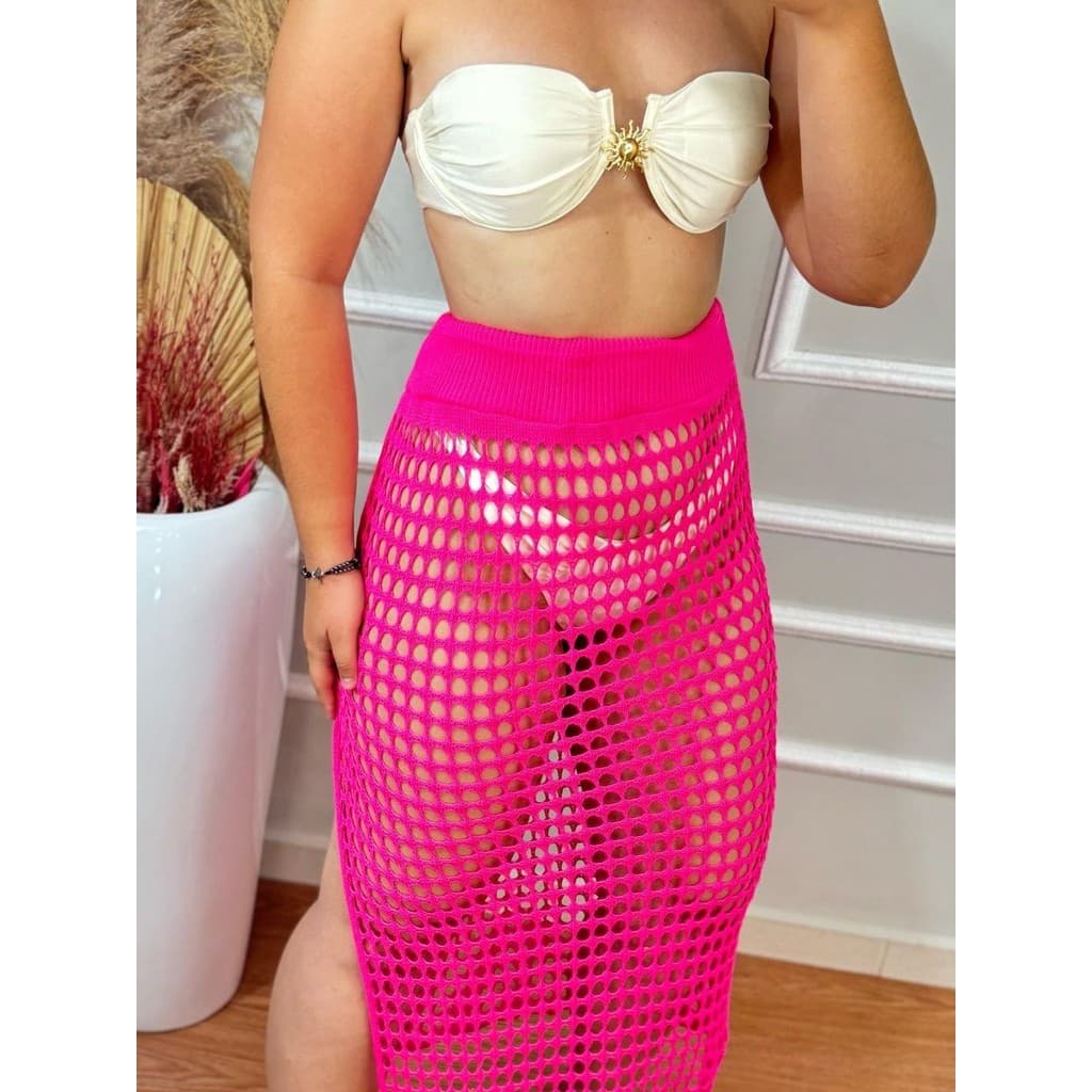 Saia Longa Saída de Praia em Tricot Ponto Crochê com Fenda na Lateral Moda Verão Elegante