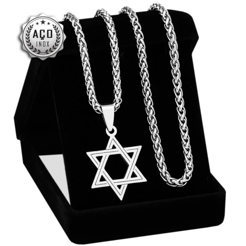 Exclusivo Colar Masculino Corrente Masculina Cor Prata Aço Inoxidável Estrela De Davi Cordão Aço Cirúrgico  Pai Gospel