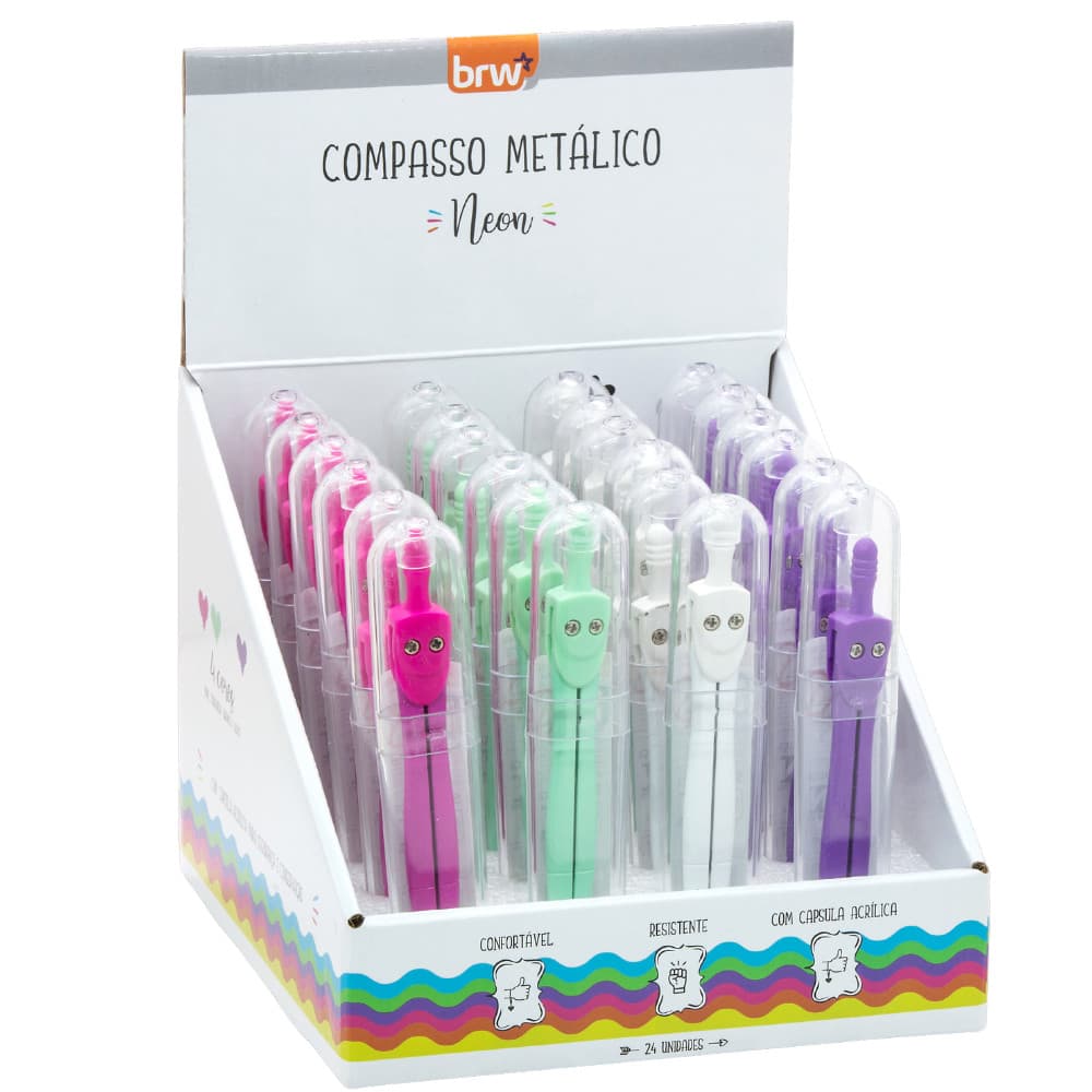 Compasso Escolar Metálico Neon - BRW - Unidade | Material Escolar | Papelaria | Reforçado | Resistente