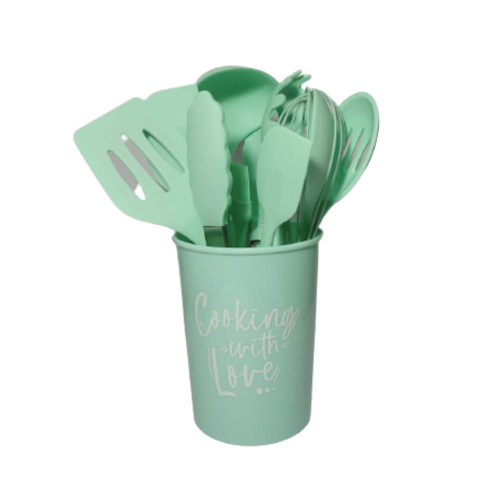 Conjunto 11 Peças Talheres e Suporte para Cozinha Verde Água