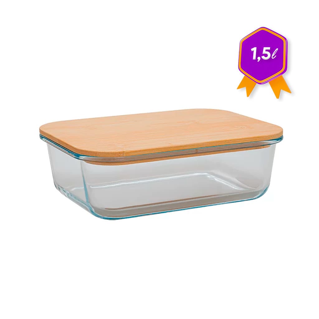 Pote Hermético Vidro Refratário Travessa Tampa Bambu 1,5l Retangular