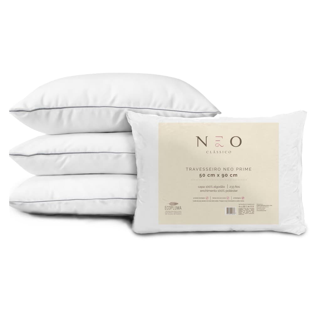Travesseiro 90x50 King Neo Prime Ecopluma 233 Fios 50x90cm Branco - Camesa