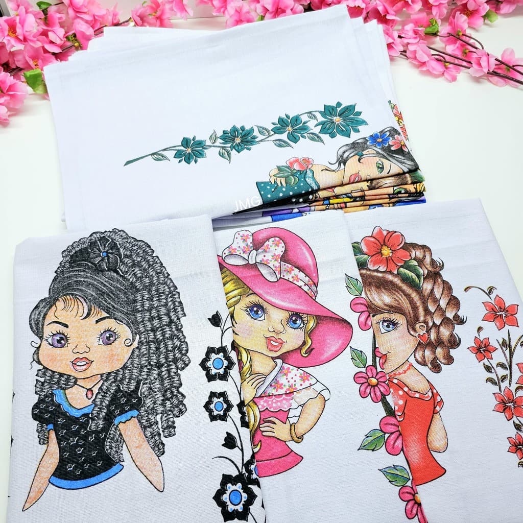 Kit Panos de Prato Bonequinhas Mista 70x50 cm 100% Algodão Decoraçao Artesanato Premiun