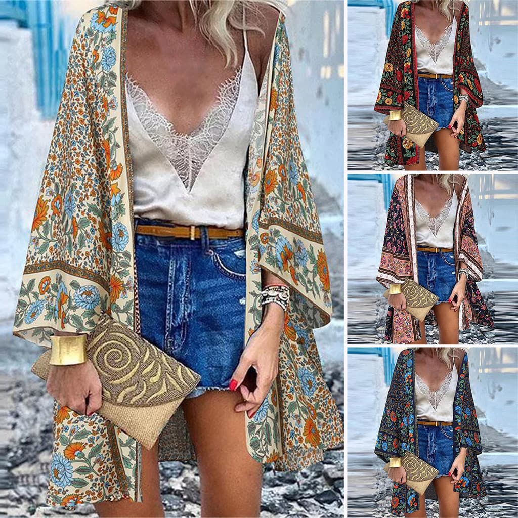 [FS] Mulheres Cardigan Floral Print Batwing Sleeve Summer Bohemian Sun Protection Blusa Longa Para O Uso Diário