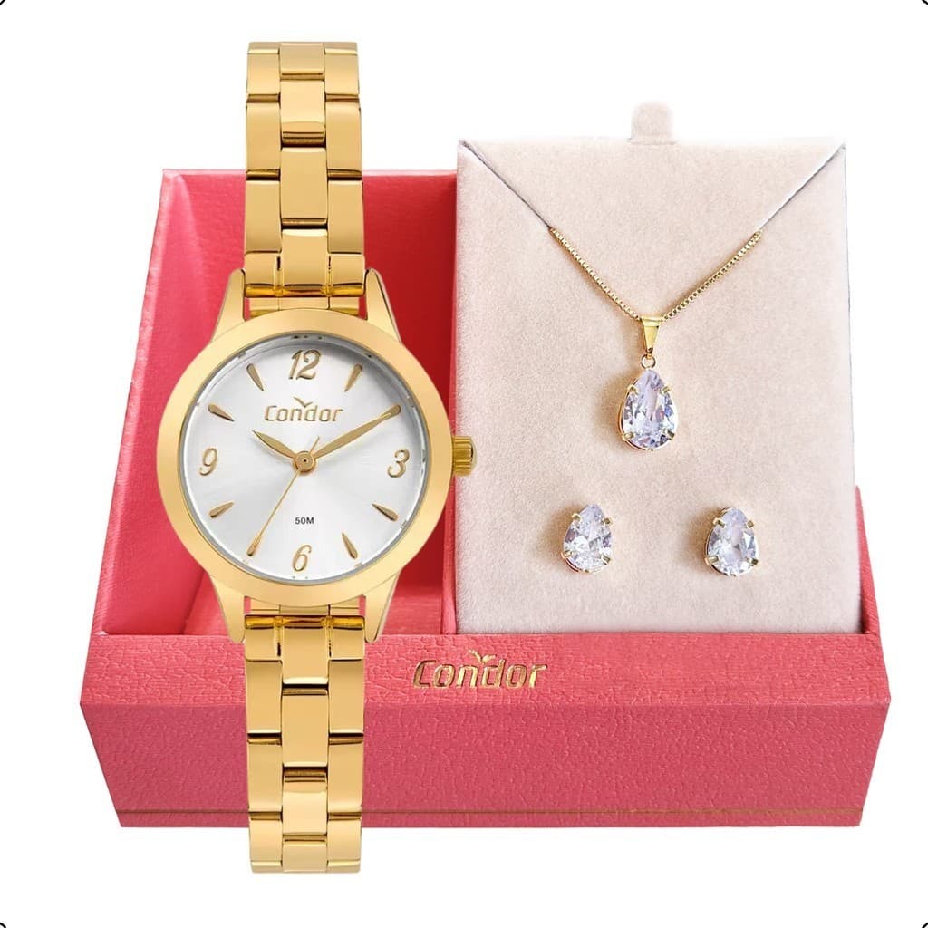 Relógio Feminino Analógico Condor Dourado Resistente à água + Conjunto colar e brincos CO2035MZQ Relógio Feminino